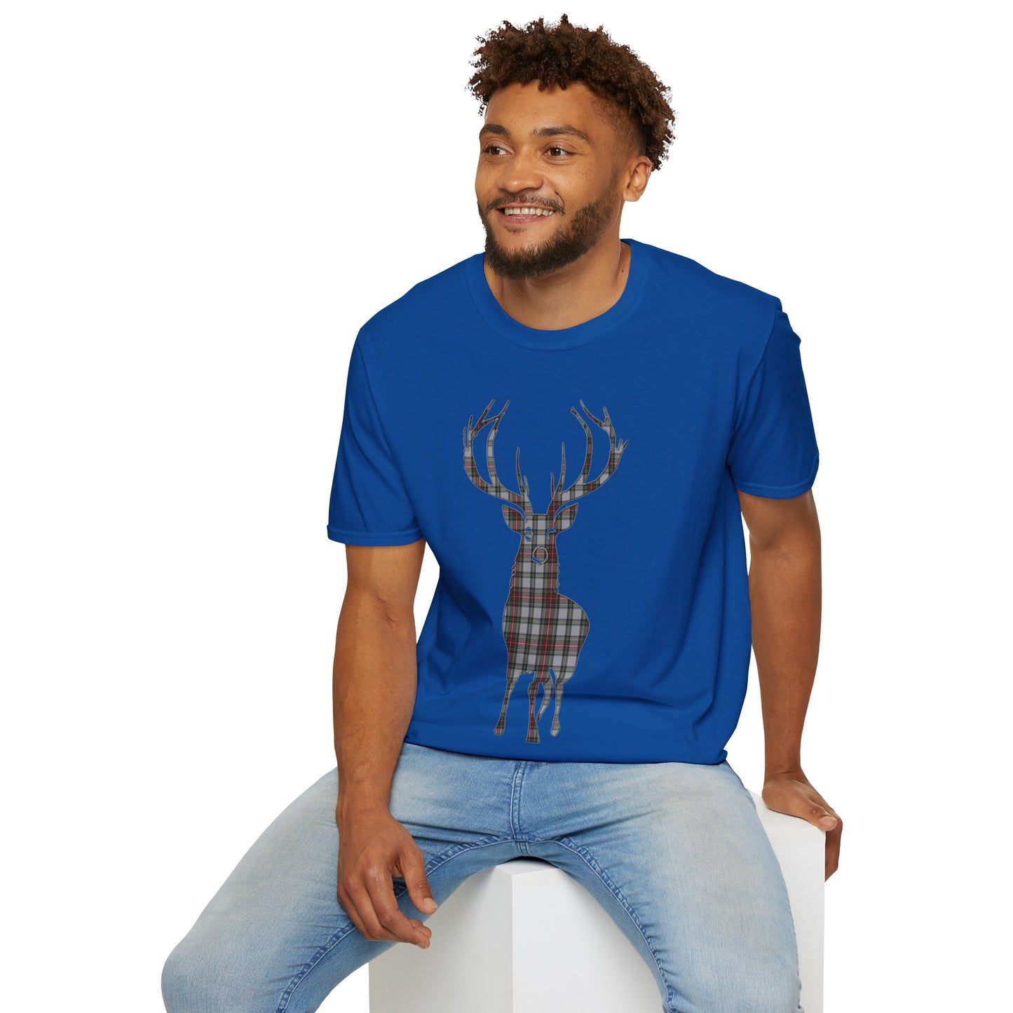 Tartan Stag Softstyle T-Shirt - Stewart Dress Tartan, Unisex Tee, Scottish Scenery, Various Colours