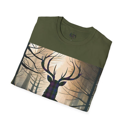 Stag Tartan Silhouette Softstyle T-Shirt - Rankin Tartan, Unisex Tee, Scottish Scenery, Various Colours