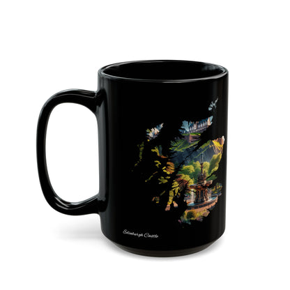 Edinburgh Castle with Fountain Scotland Map Mug, Coffee Cup, Tea Cup, Scottish Art, Scottish Nature, Scottish Landmarks, Black