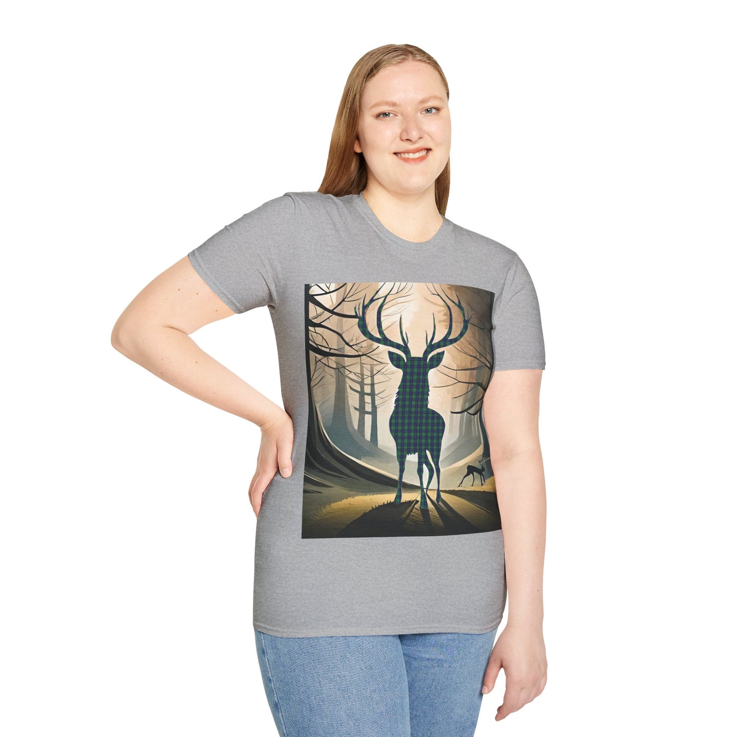 Stag Tartan Silhouette Softstyle T-Shirt - Douglas Tartan, Unisex Tee, Scottish Scenery, Various Colours