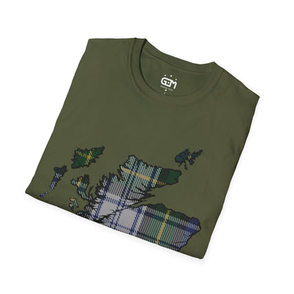 Scotland Tartan Map Softstyle Unisex T-Shirt, Gordon Dress Tartan, Various Colours