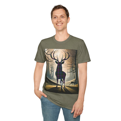 Stag Tartan Silhouette Softstyle T-Shirt - Rankin Tartan, Unisex Tee, Scottish Scenery, Various Colours