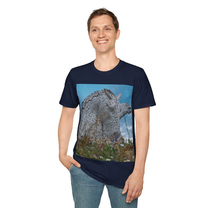 Kelpies with Meadow Photo Softstyle T-Shirt, Unisex Tee, Scottish Landmarks, Various Colours