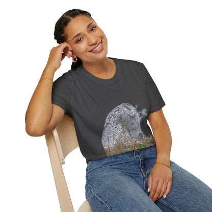 Scottish Kelpies with Meadow No Sky Photo Softstyle Unisex T-Shirt, Scotland Tee