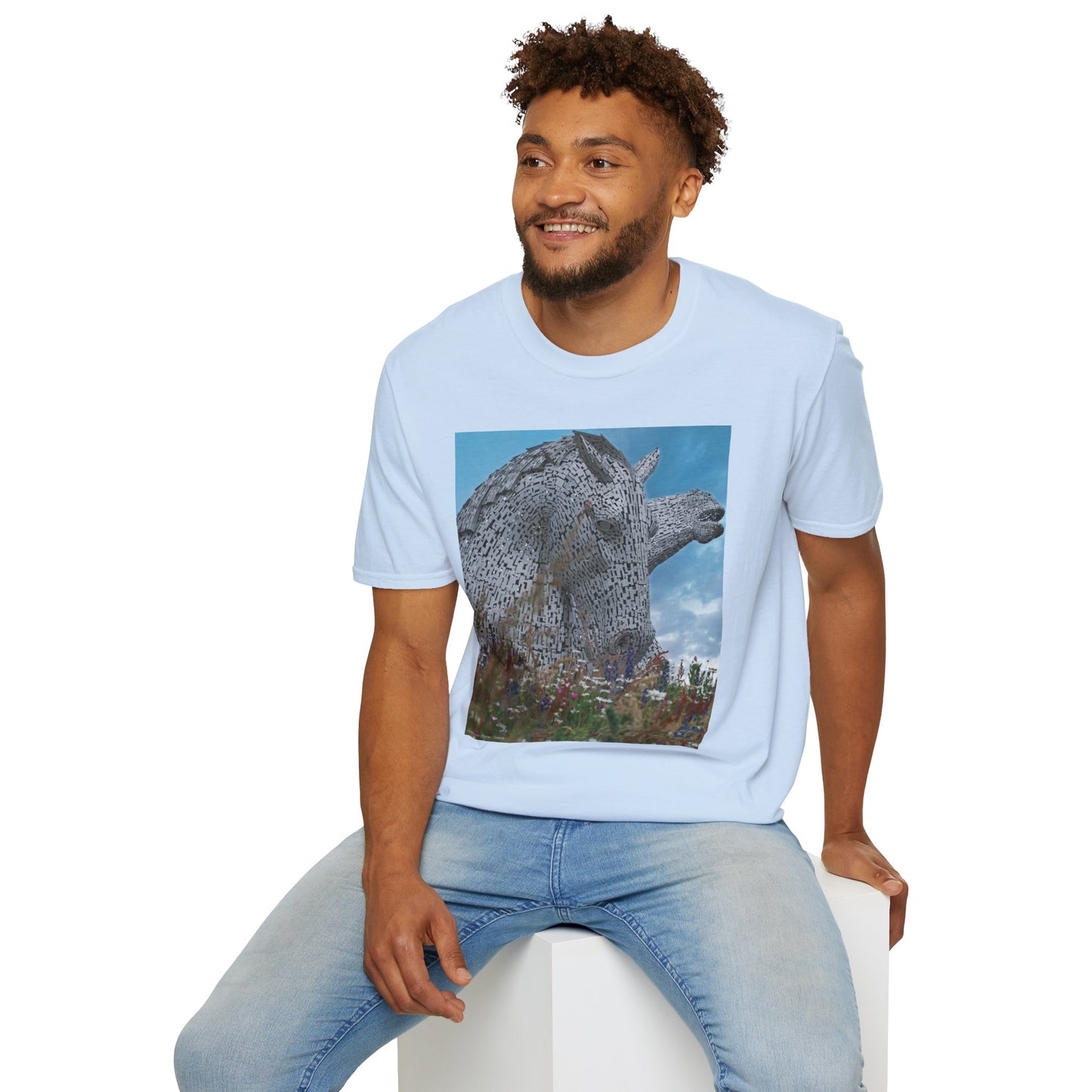 Scottish Kelpies with Meadow Photo Softstyle Unisex T-Shirt, Scotland Tee