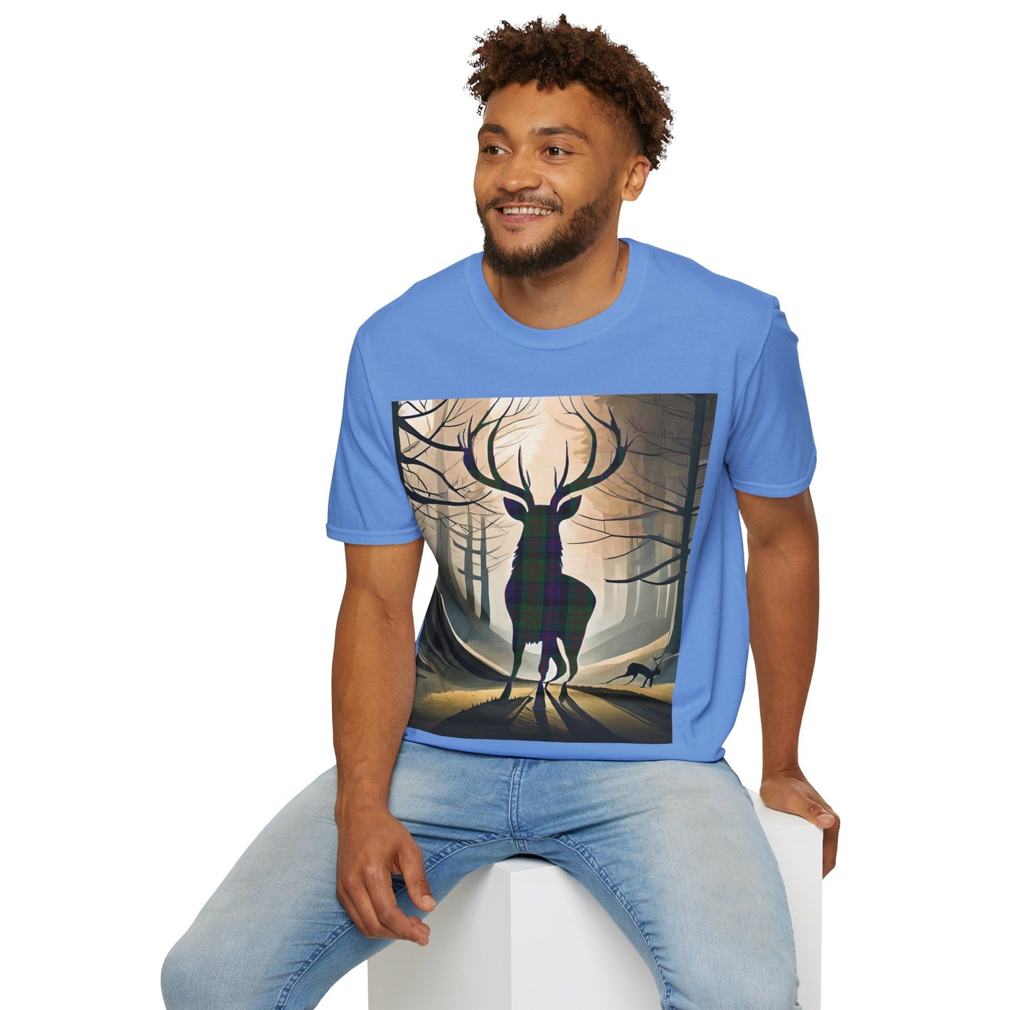 Stag Tartan Silhouette Softstyle T-Shirt - MacDonald Tartan, Unisex Tee, Scottish Scenery, Various Colours