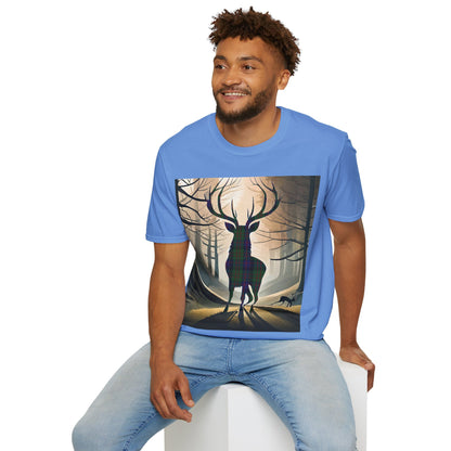 Stag Tartan Silhouette Softstyle T-Shirt - MacDonald Tartan, Unisex Tee, Scottish Scenery, Various Colours