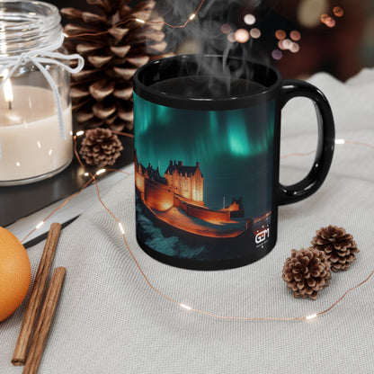 Edinburgh Castle Northern Lights Mug, Coffee Cup, Tea Cup, Scottish Art, Scottish Landmarks, Scottish Nature, Black