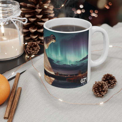 Kelpies Northern Lights Mug, Coffee Cup, Tea Cup, Scottish Art, Scottish Landmarks, Scottish Nature, White