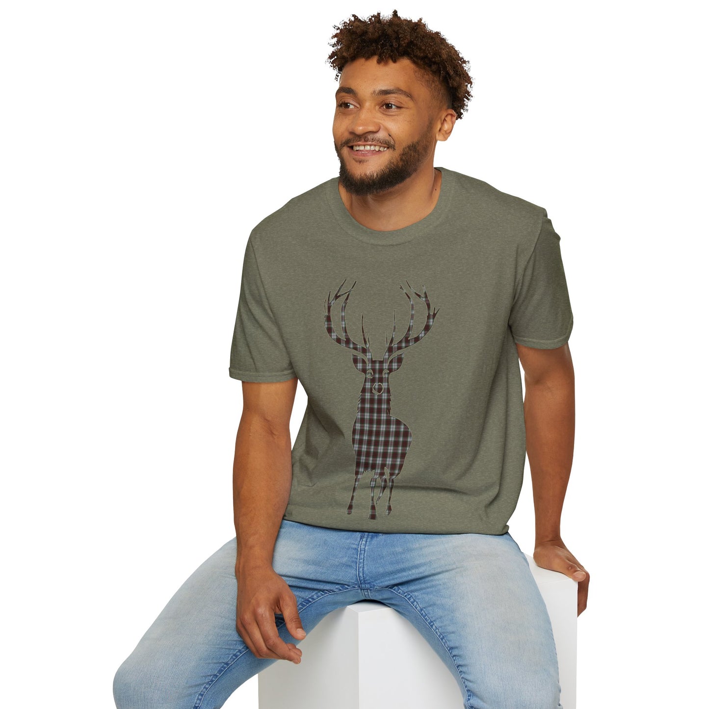 Tartan Stag Softstyle T-Shirt - Fraser Tartan, Unisex Tee, Scottish Scenery, Various Colours