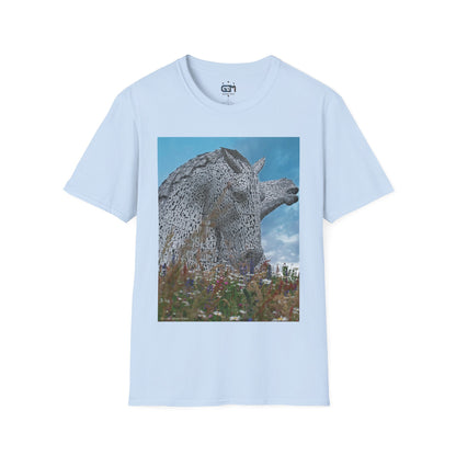 Kelpies with Meadow Photo Softstyle Unisex T-Shirt, Scottish Tee