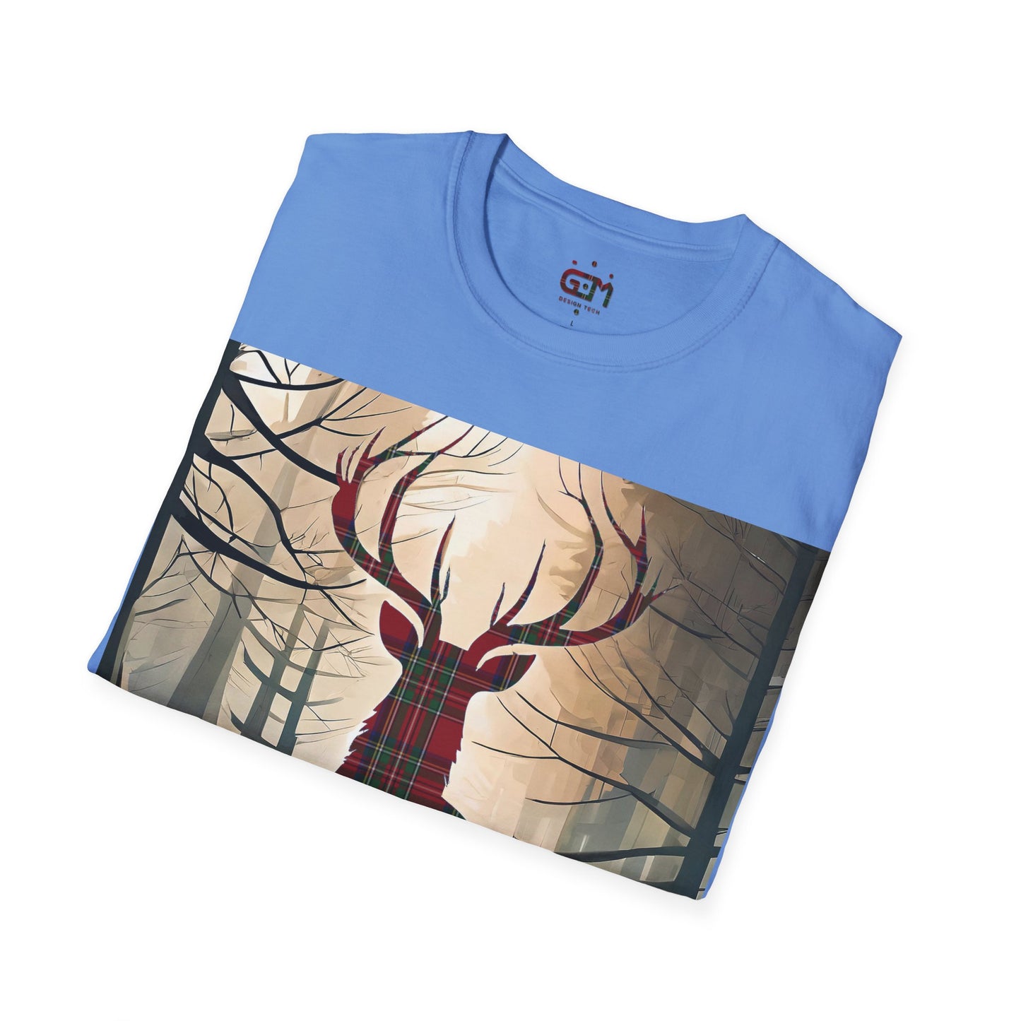 Stag Tartan Silhouette Softstyle T-Shirt - Stewart Royal Tartan, Unisex Tee, Scottish Scenery, Various Colours