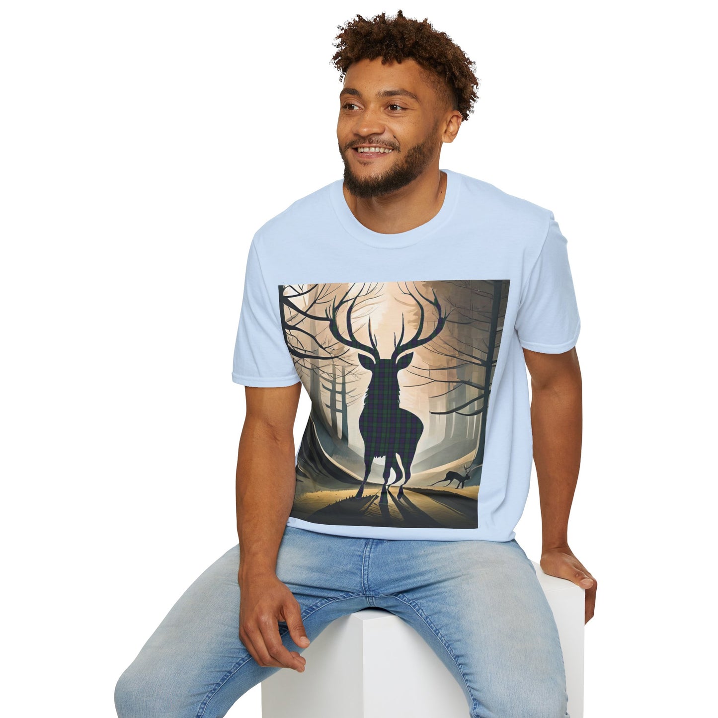 Stag Tartan Silhouette Softstyle T-Shirt - Argyle Tartan, Unisex Tee, Scottish Scenery, Various Colours