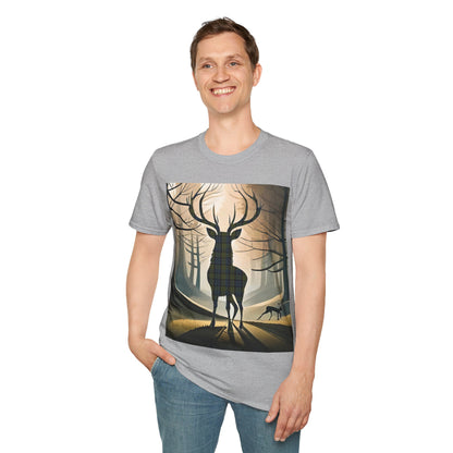 Stag Tartan Silhouette Softstyle T-Shirt - Campbell Tartan, Unisex Tee, Scottish Scenery, Various Colours