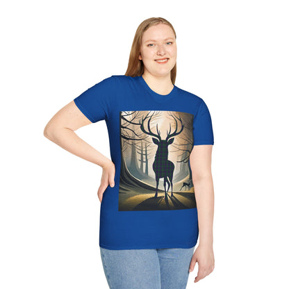 Stag Tartan Silhouette Softstyle T-Shirt - Argyle Tartan, Unisex Tee, Scottish Scenery, Various Colours