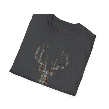 Tartan Stag Softstyle T-Shirt - Stewart Dress Tartan, Unisex Tee, Scottish Scenery, Various Colours