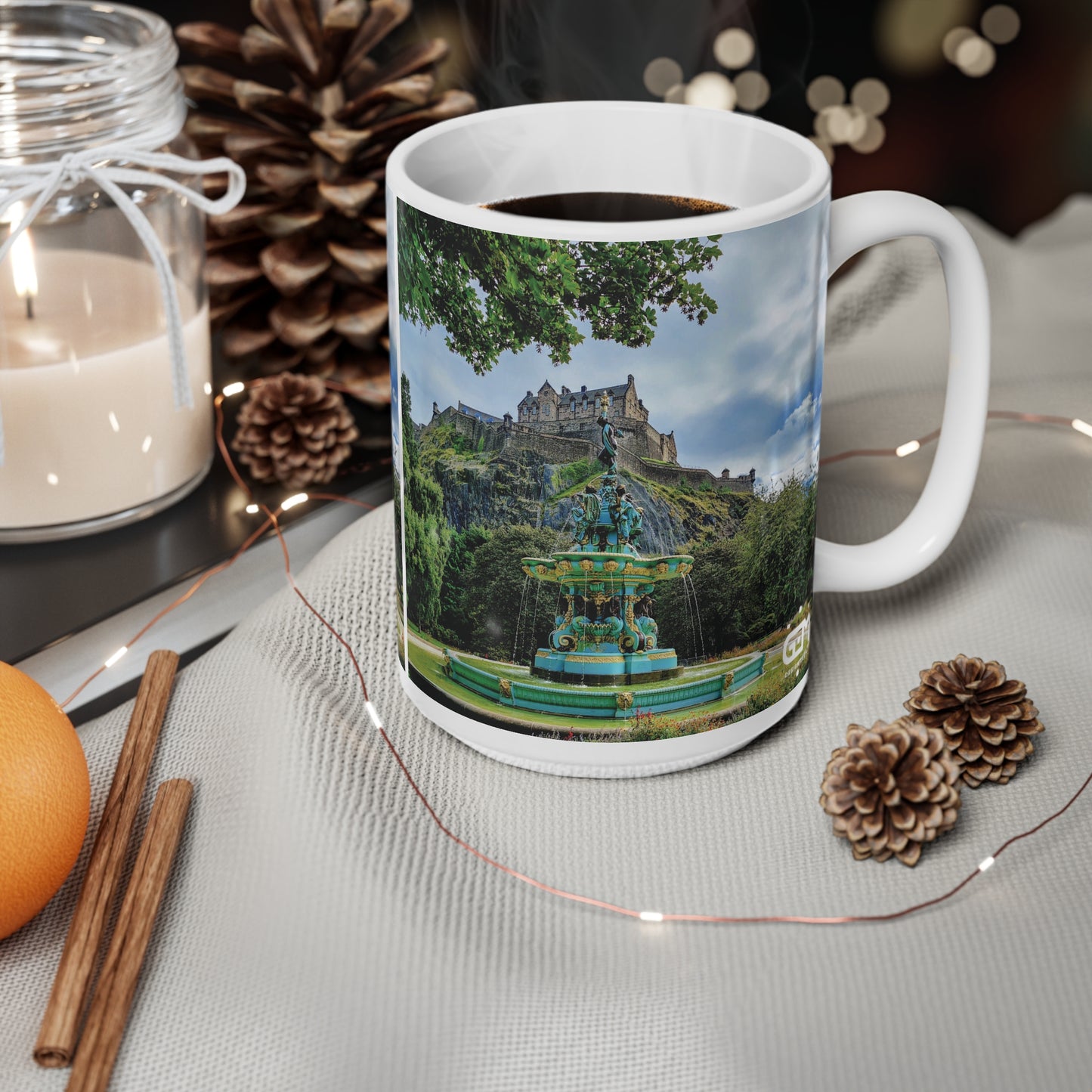 Ross Fountain & Edinburgh Castle Photo Mug, Coffee Cup, Tea Cup, Scotland, White