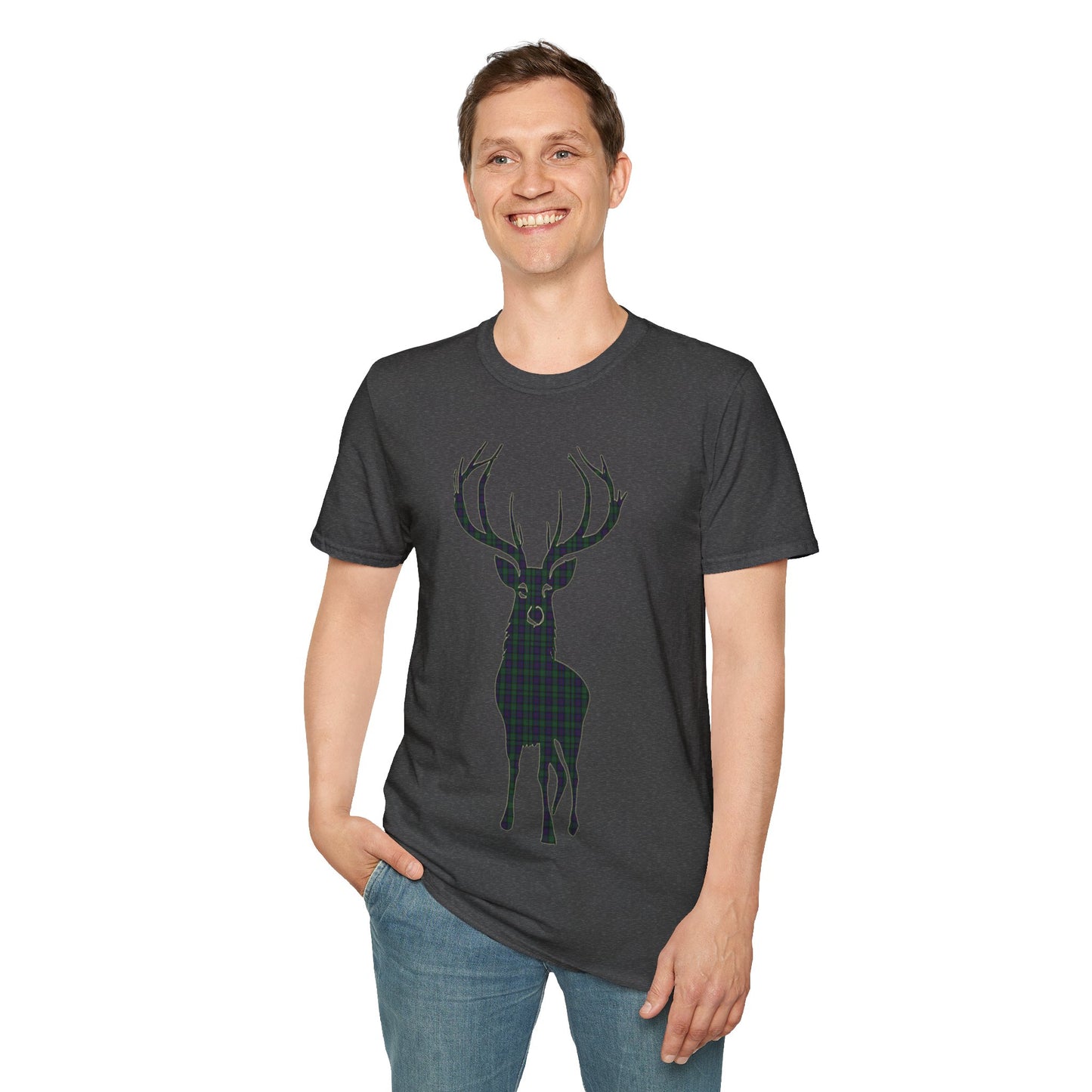 Tartan Stag Softstyle T-Shirt - Argyle Tartan, Unisex Tee, Scottish Scenery, Various Colours