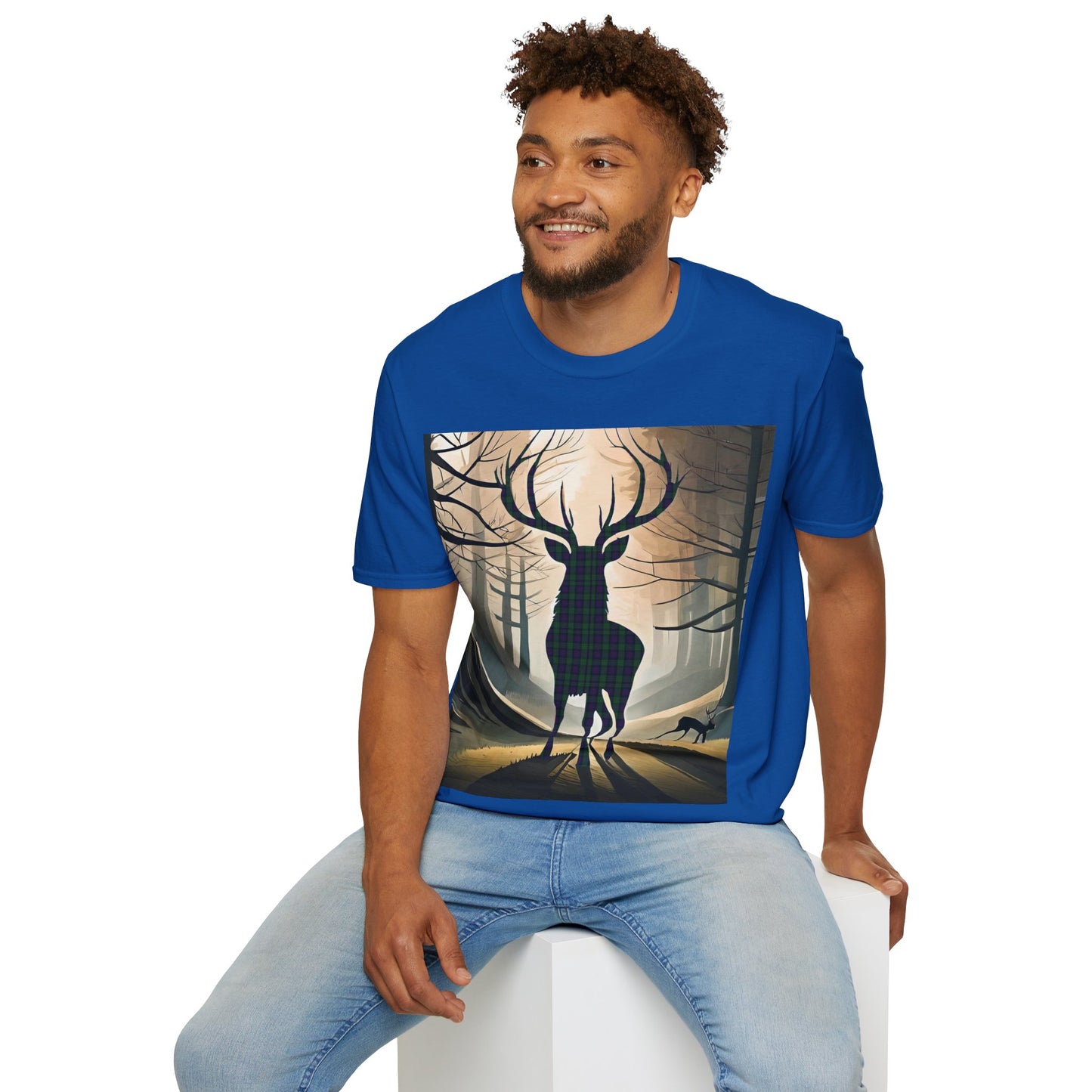 Stag Tartan Silhouette Softstyle T-Shirt - Argyle Tartan, Unisex Tee, Scottish Scenery, Various Colours