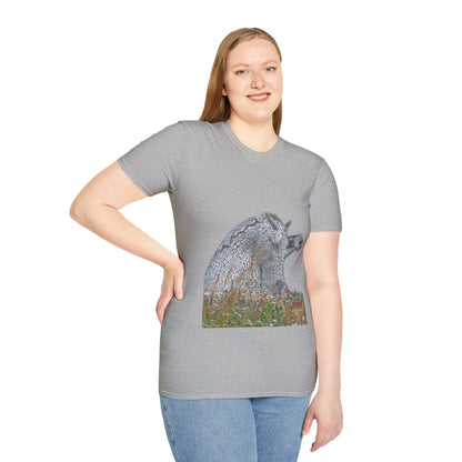 Kelpies with Meadow No Sky Photo Softstyle Unisex T-Shirt, Scottish Tee