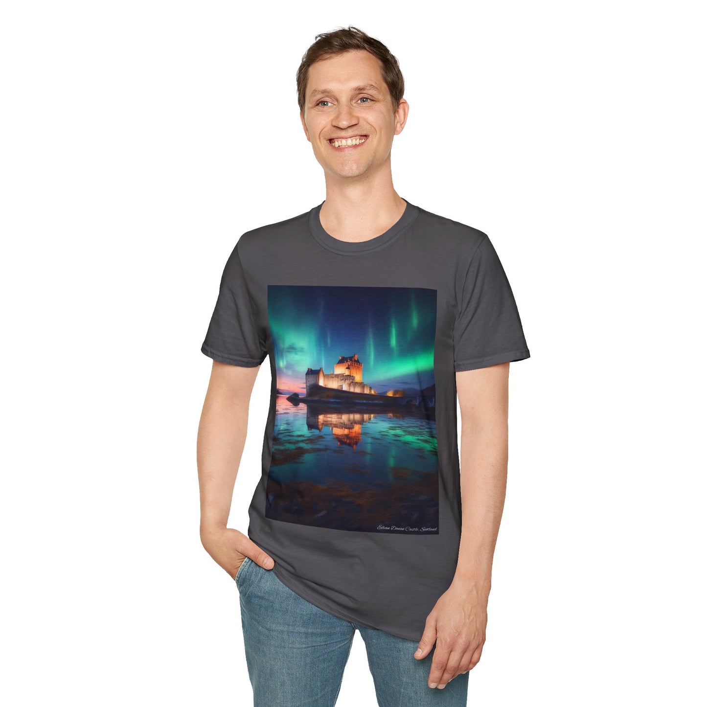 Eilean Donan Castle with Northern Lights Softstyle Unisex T-Shirt, Scotland Tee