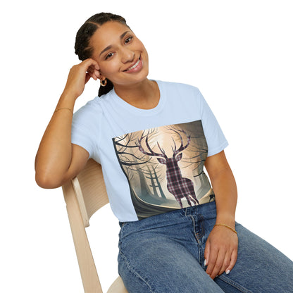 Stag Tartan Silhouette Softstyle T-Shirt - MacPherson Tartan, Unisex Tee, Scottish Scenery, Various Colours