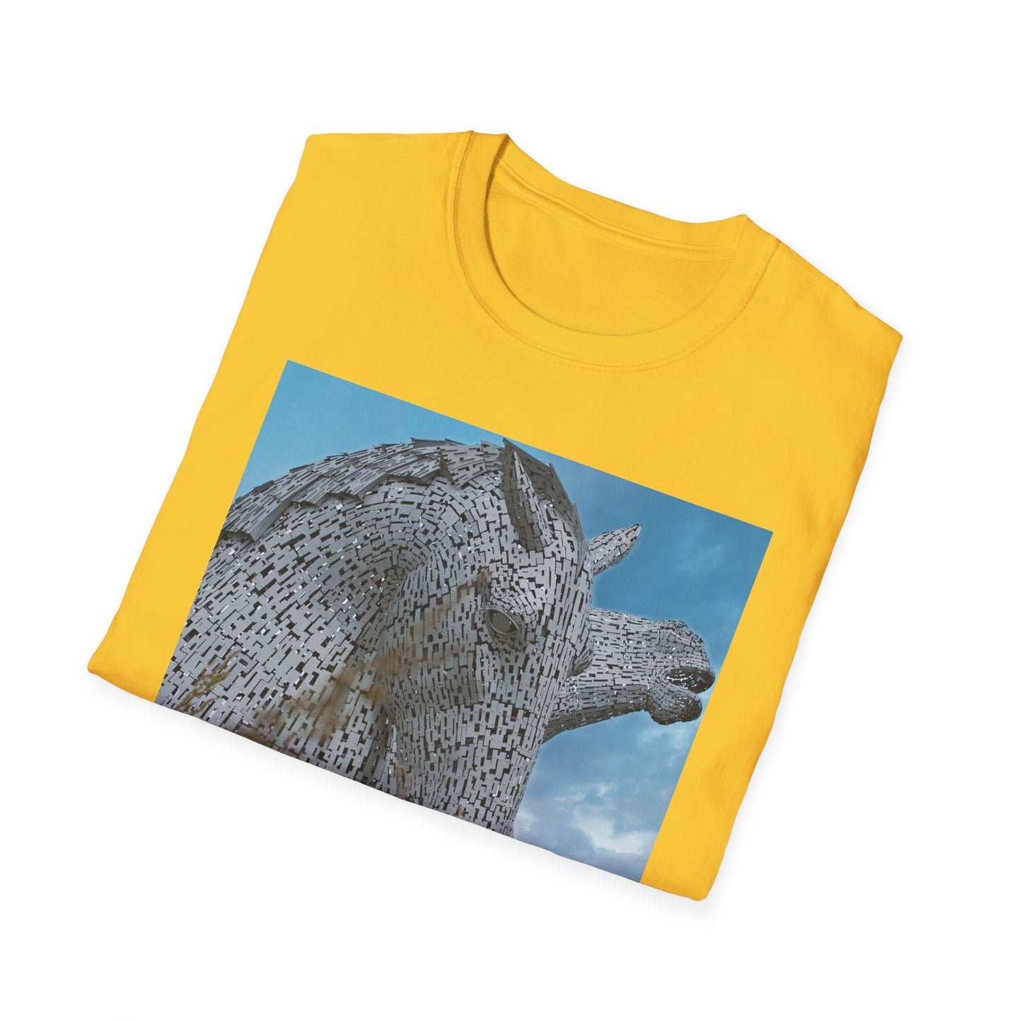 Scottish Kelpies with Meadow Photo Softstyle Unisex T-Shirt, Scotland Tee