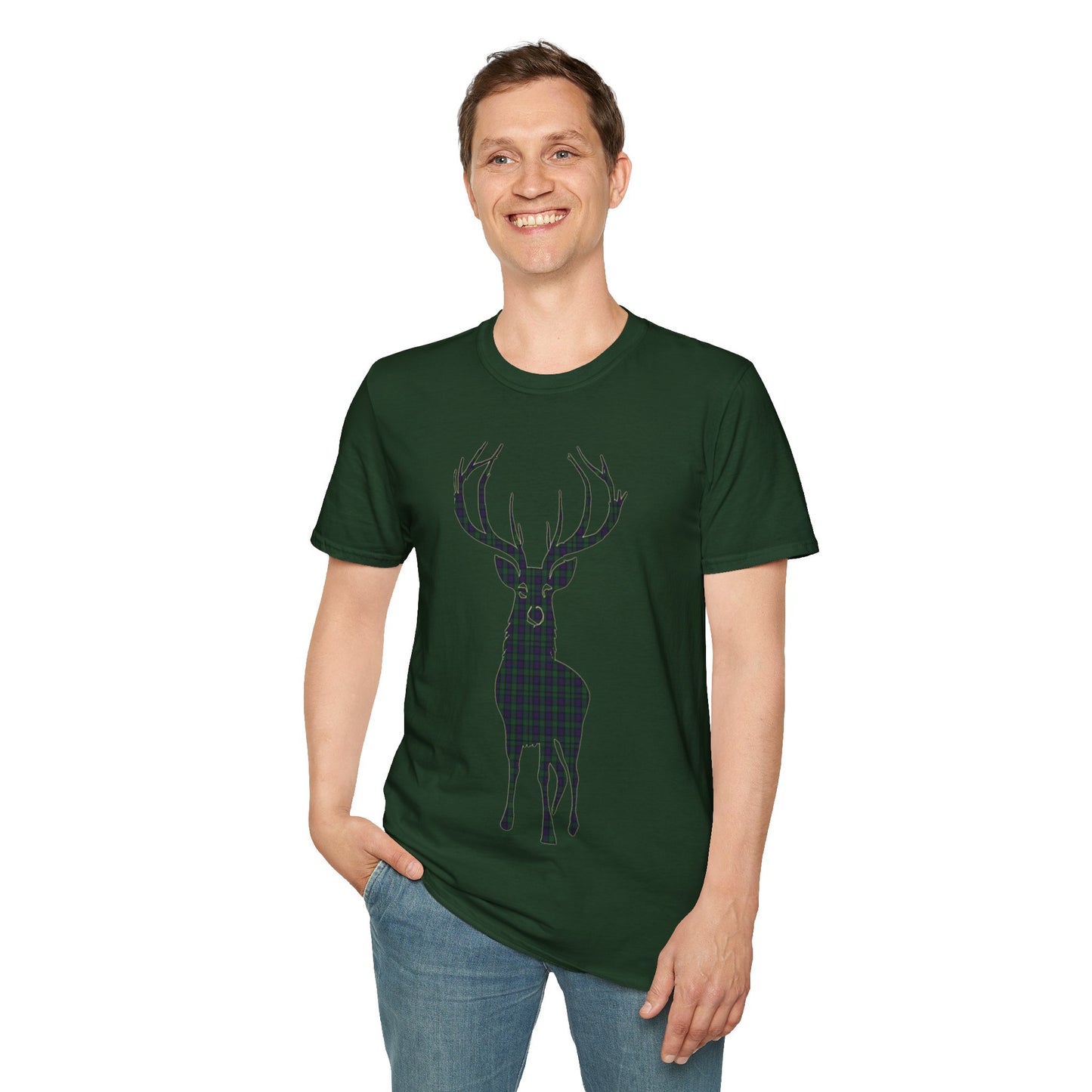 Tartan Stag Softstyle T-Shirt - Argyle Tartan, Unisex Tee, Scottish Scenery, Various Colours