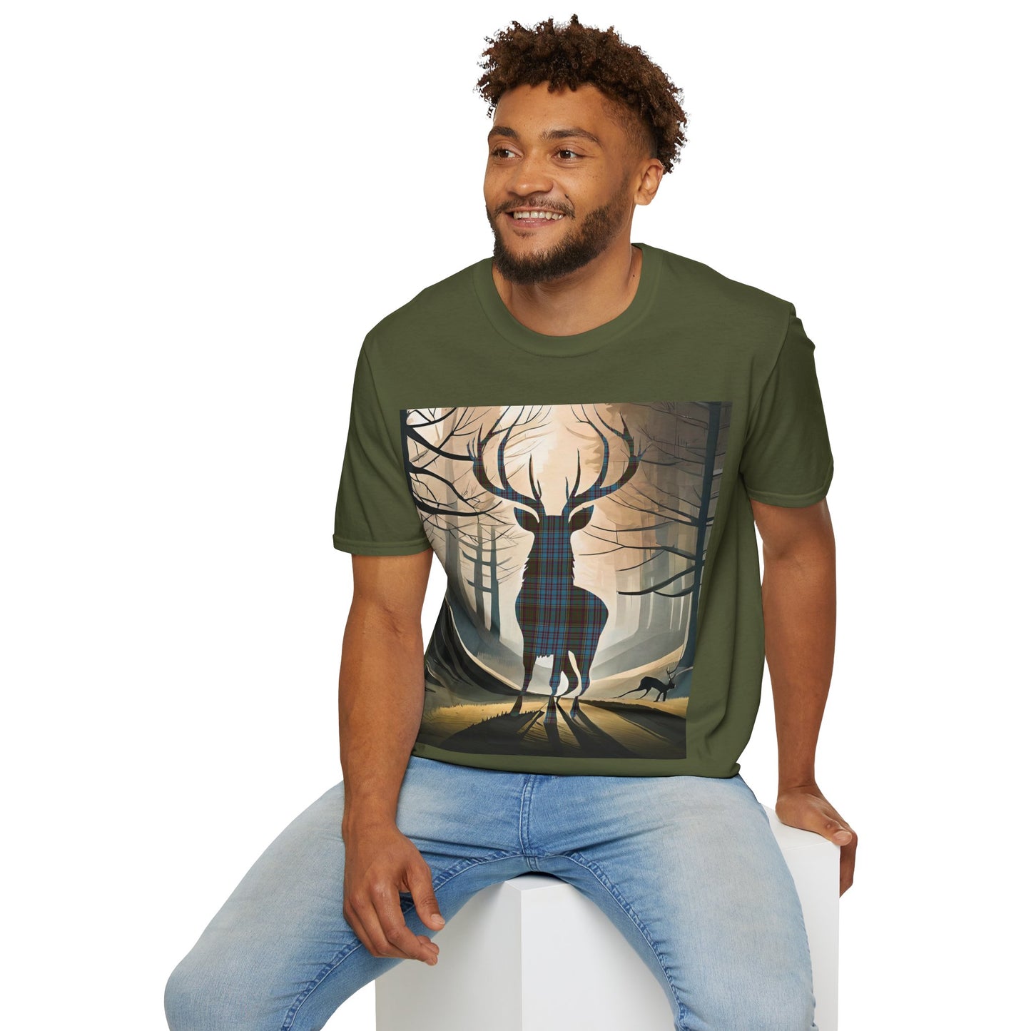 Stag Tartan Silhouette Softstyle T-Shirt - Anderson Tartan, Unisex Tee, Scottish Scenery, Various Colours