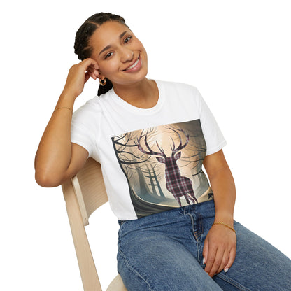 Stag Tartan Silhouette Softstyle T-Shirt - MacPherson Tartan, Unisex Tee, Scottish Scenery, Various Colours