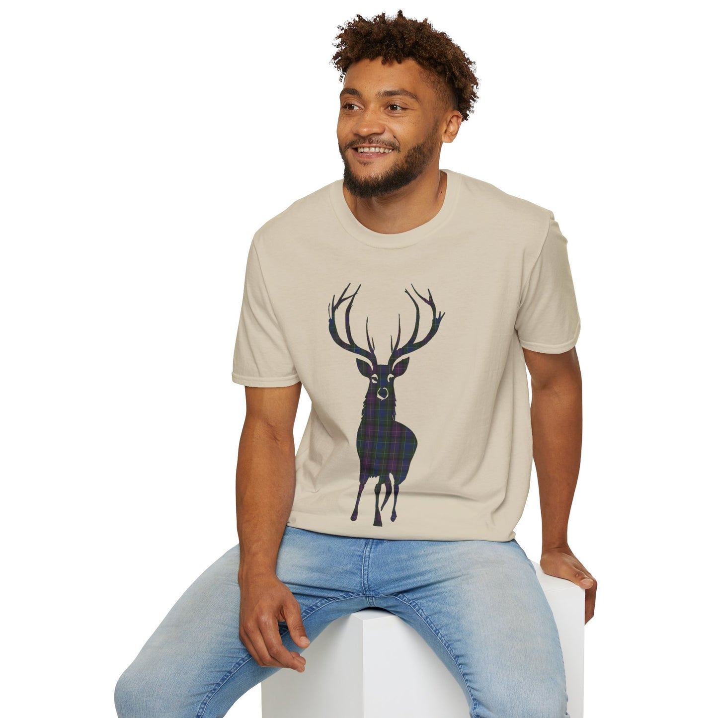 Tartan Stag Softstyle T-Shirt - Rankin Tartan, Unisex Tee, Scottish Scenery, Various Colours