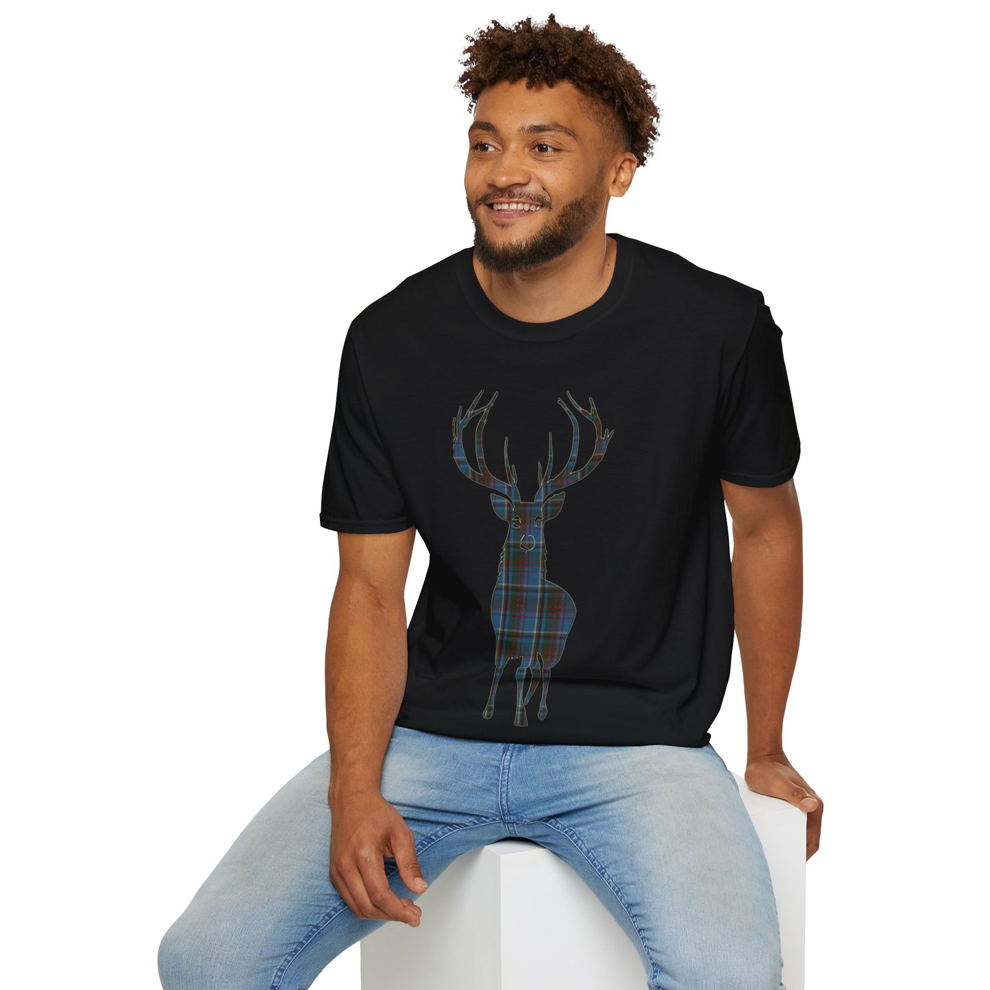 Tartan Stag Softstyle T-Shirt - Anderson Old Tartan, Unisex Tee, Scottish Scenery, Various Colours