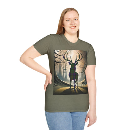 Stag Tartan Silhouette Softstyle T-Shirt - MacDonald Tartan, Unisex Tee, Scottish Scenery, Various Colours