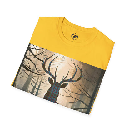 Stag Tartan Silhouette Softstyle T-Shirt - Anderson Tartan, Unisex Tee, Scottish Scenery, Various Colours