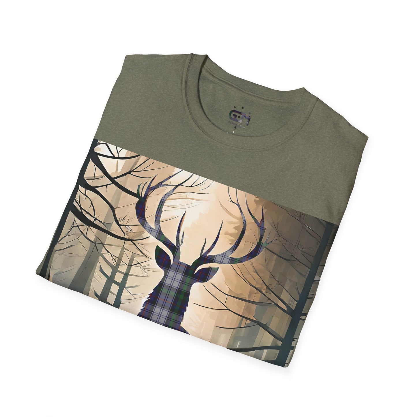 Stag Tartan Silhouette Softstyle T-Shirt - Argyle Dress Tartan, Unisex Tee, Scottish Scenery, Various Colours