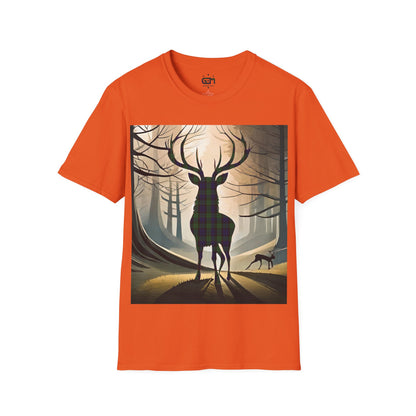 Stag Tartan Silhouette Softstyle T-Shirt - Black Watch Tartan, Unisex Tee, Scottish Scenery, Various Colours