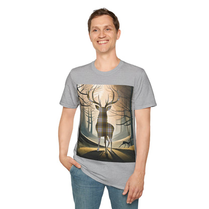 Stag Tartan Silhouette Softstyle T-Shirt - Buchanan Tartan, Unisex Tee, Scottish Scenery, Various Colours