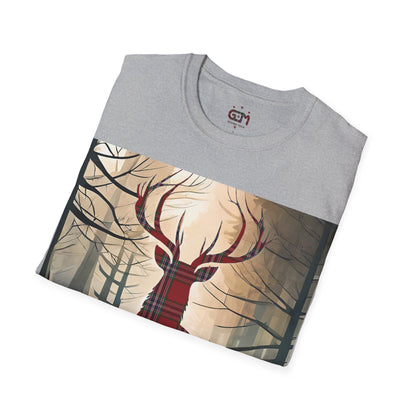 Stag Tartan Silhouette Softstyle T-Shirt - MacFarlane Tartan, Unisex Tee, Scottish Scenery, Various Colours