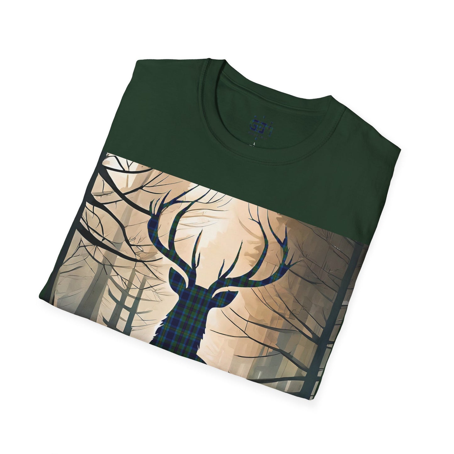 Stag Tartan Silhouette Softstyle T-Shirt - Miller Tartan, Unisex Tee, Scottish Scenery, Various Colours