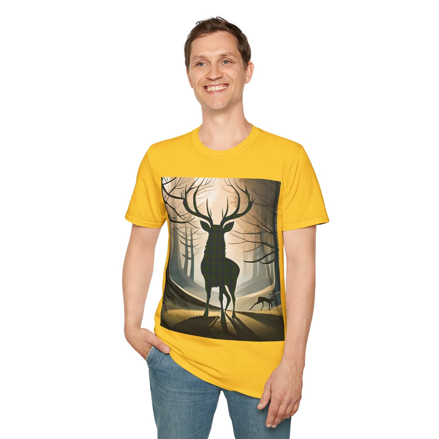 Stag Tartan Silhouette Softstyle T-Shirt - Kennedy Tartan, Unisex Tee, Scottish Scenery, Various Colours