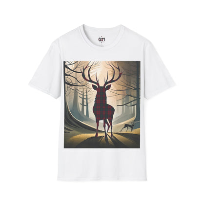 Stag Tartan Silhouette Softstyle T-Shirt - Lindsay Tartan, Unisex Tee, Scottish Scenery, Various Colours