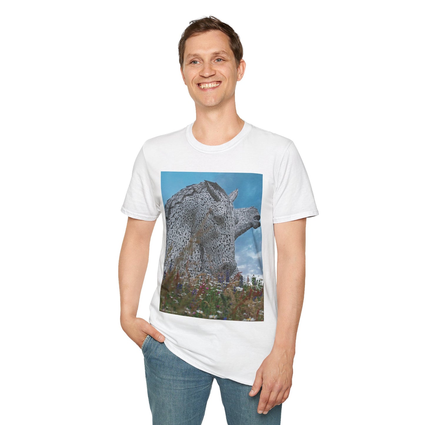 Kelpies with Meadow Photo Softstyle Unisex T-Shirt, Scottish Tee