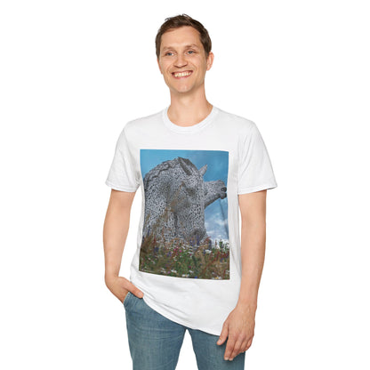 Kelpies with Meadow Photo Softstyle Unisex T-Shirt, Scottish Tee