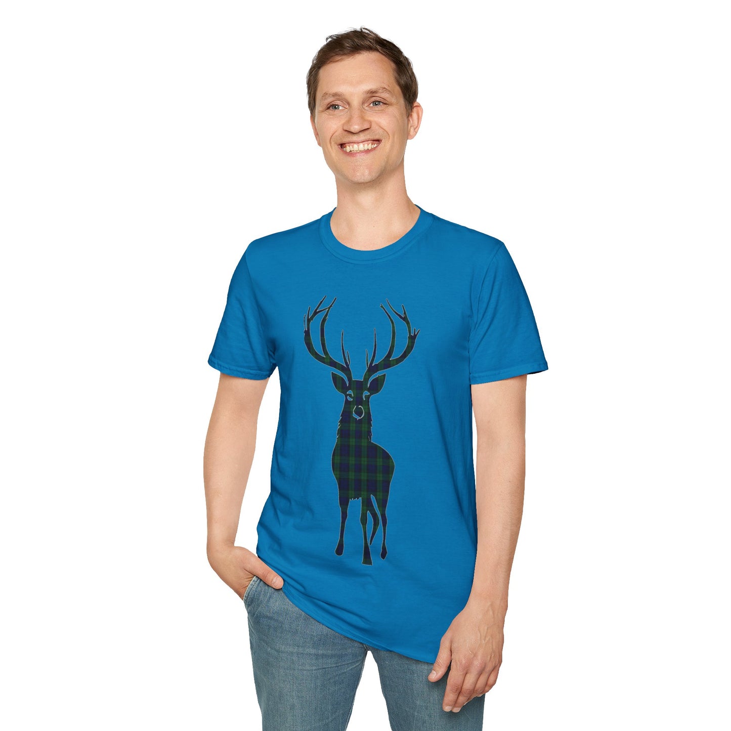 Tartan Stag Softstyle T-Shirt - Black Watch Tartan, Unisex Tee, Scottish Scenery, Various Colours