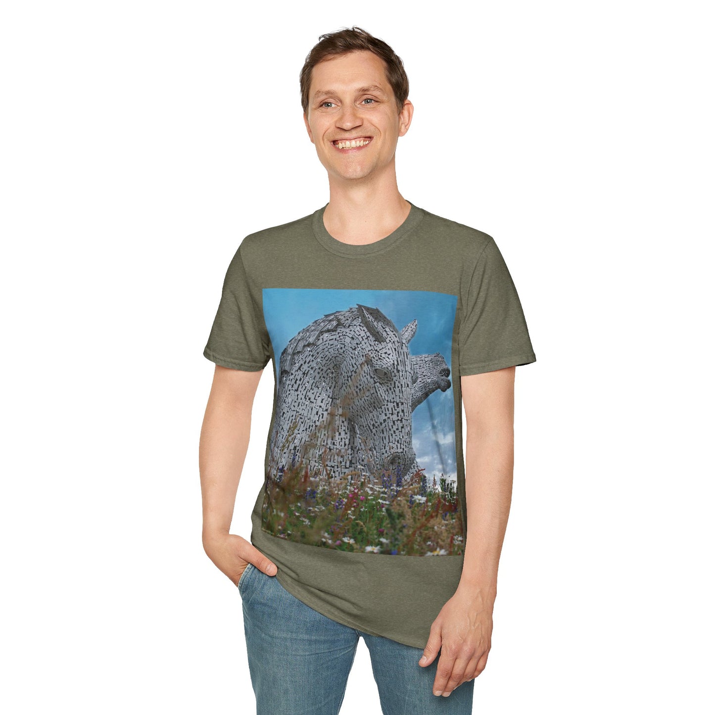 Kelpies with Meadow Photo Softstyle T-Shirt, Unisex Tee, Scottish Landmarks, Various Colours