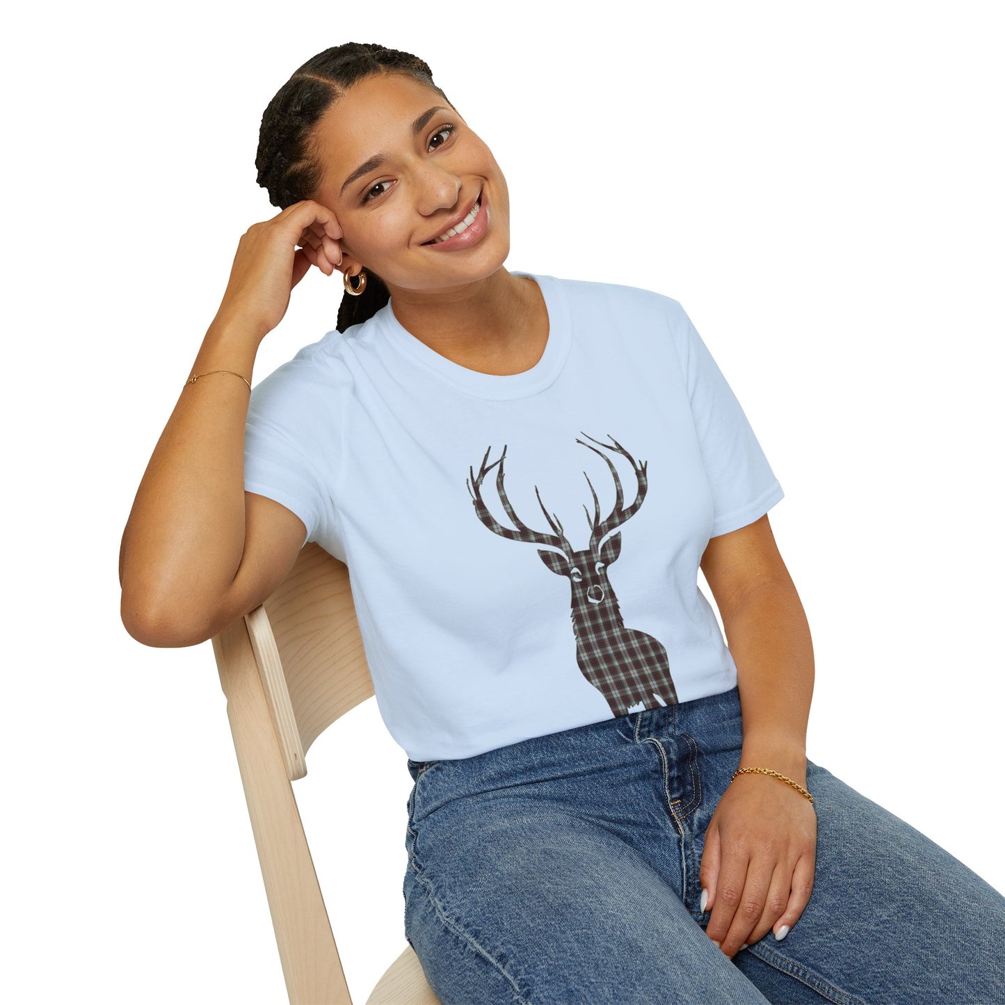 Tartan Stag Softstyle T-Shirt - Fraser Tartan, Unisex Tee, Scottish Scenery, Various Colours