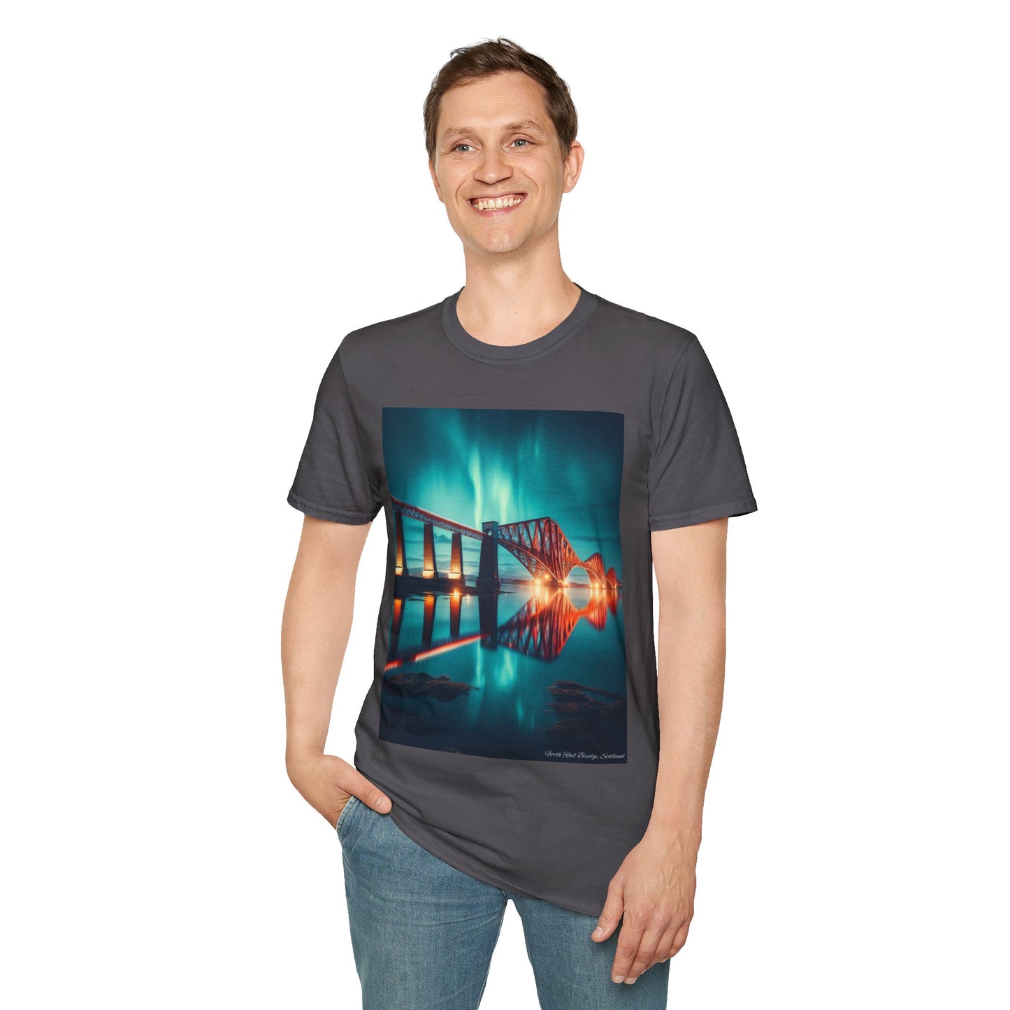 Forth Rail Bridge with Northern Lights Softstyle Unisex T-Shirt, Scotland Tee