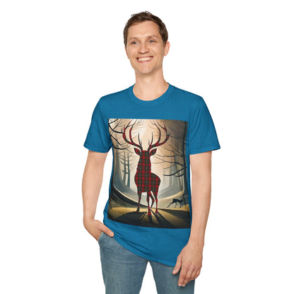 Stag Tartan Silhouette Softstyle T-Shirt - MacGregor Tartan, Unisex Tee, Scottish Scenery, Various Colours