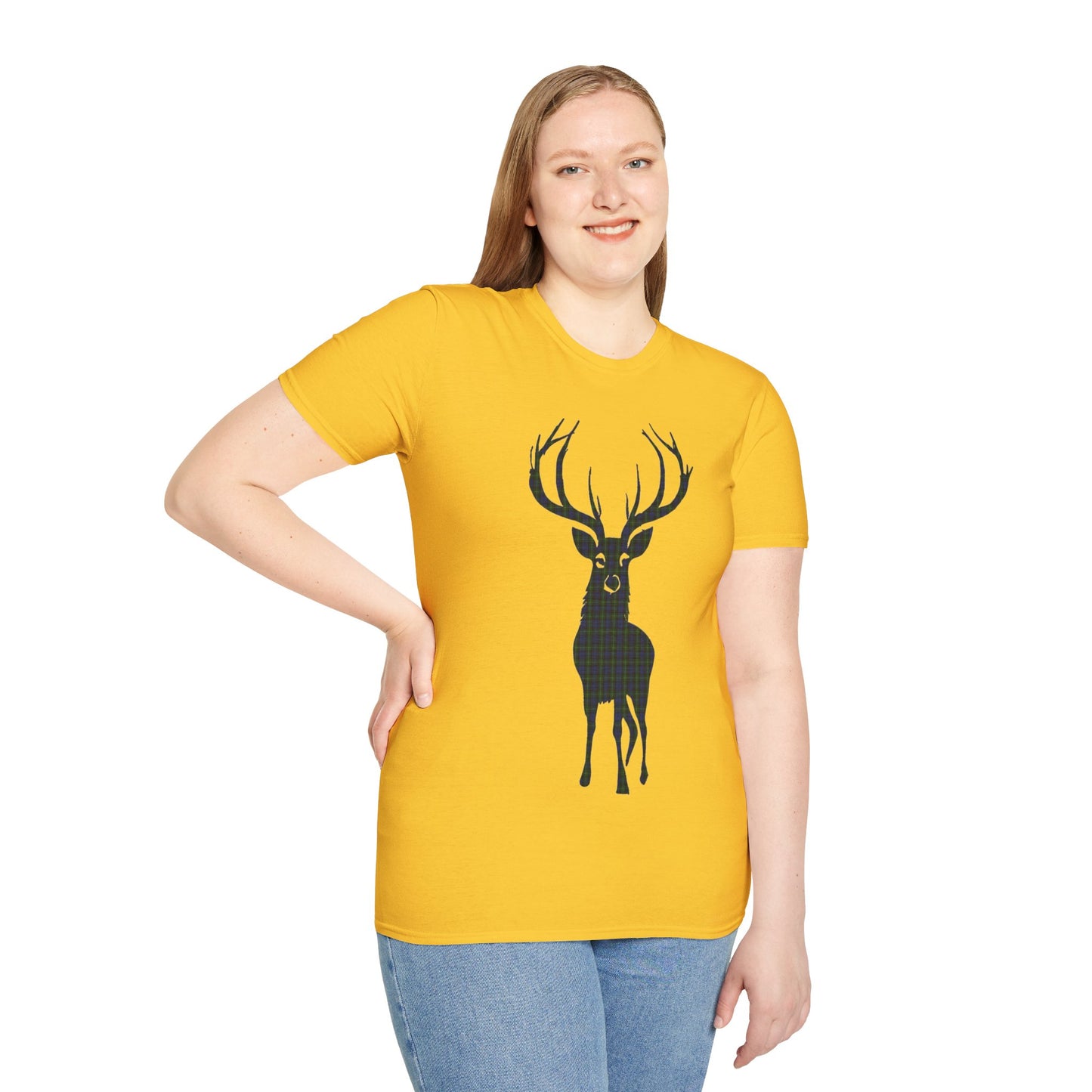 Tartan Stag Softstyle T-Shirt - Gordon Tartan, Unisex Tee, Scottish Scenery, Various Colours