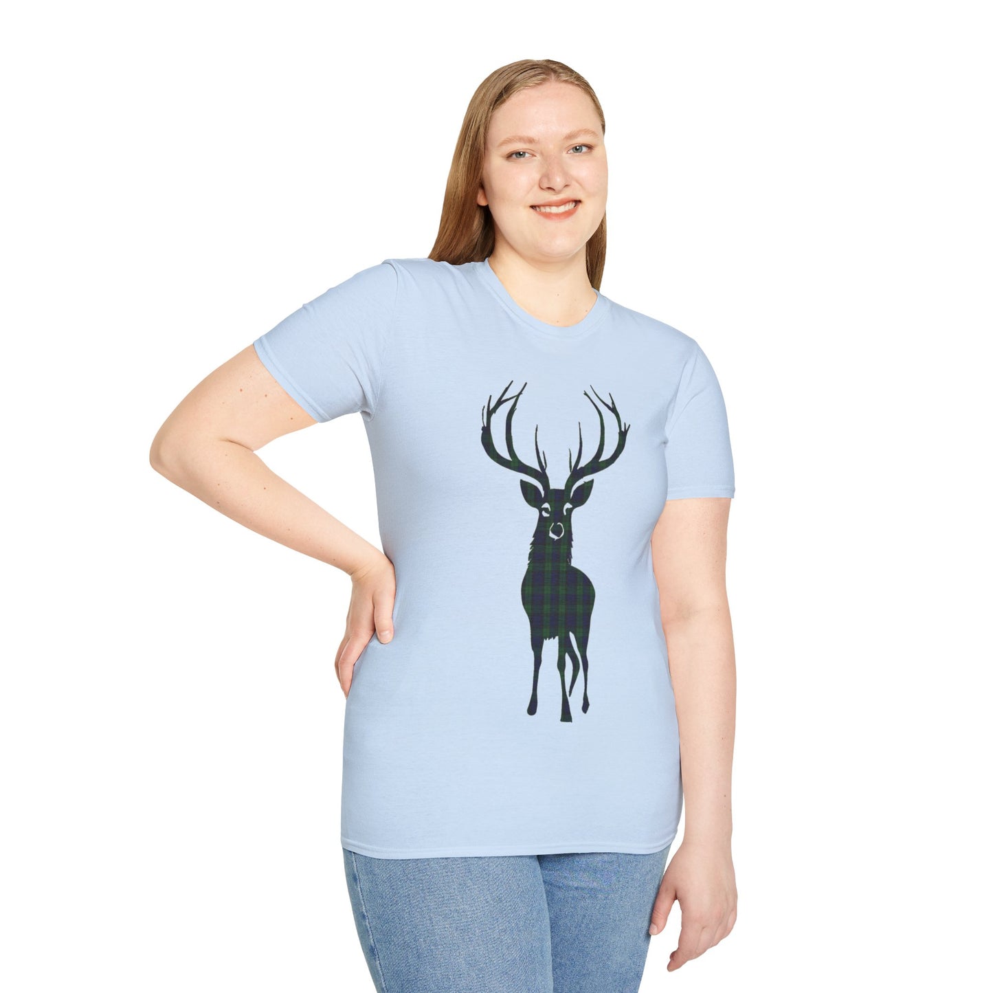 Tartan Stag Softstyle T-Shirt - Black Watch Tartan, Unisex Tee, Scottish Scenery, Various Colours